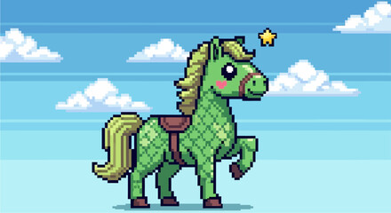 Obraz premium A cute pixel art green horse with a saddle and a star above its head, standing against a blue sky with clouds.