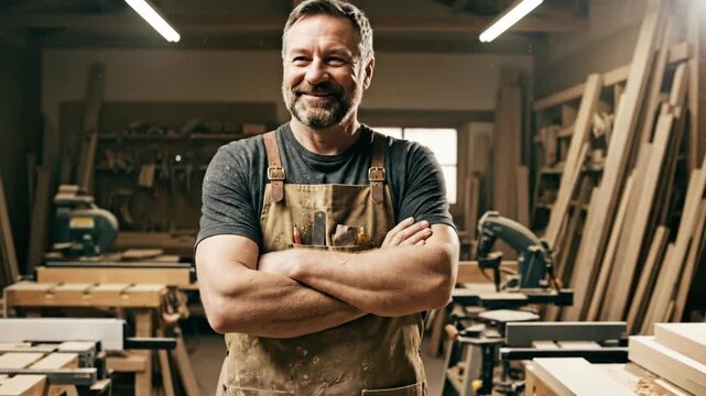 Professional man carpenter with an apron standing in his workshop. Skilled craftsman working with wood. Woodworking and carpentry repair concept.