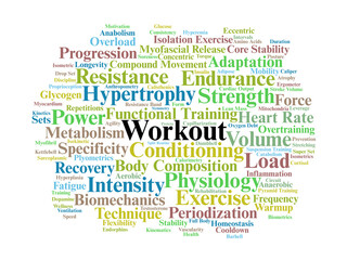 Obraz premium Workout Word Cloud. Scientific Principles of Physical Training and Exercise Adaptation