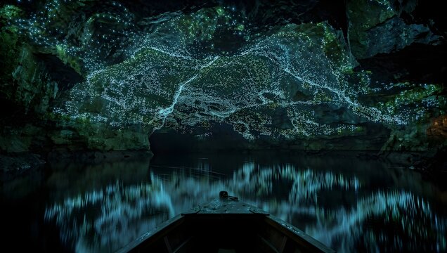 Glowworm Galaxy Reflecting on Underground River in Waitomo Caves, New Zealand
