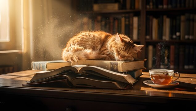 Cat Napping in Sunlit Pile of Books, Cozy Home Office Relaxation