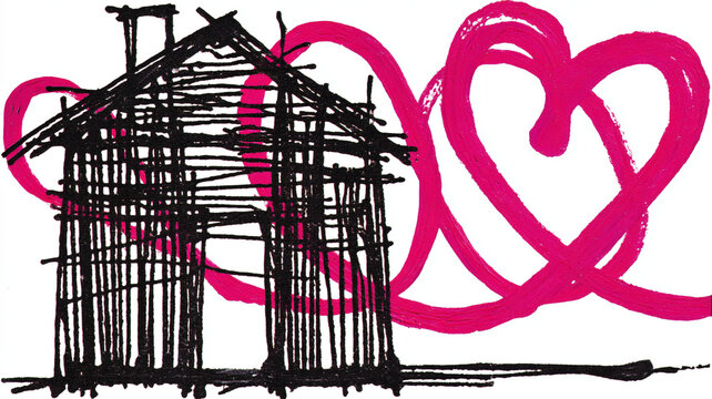 Black sketch of house with pink heart shaped swirl in background creates whimsical and artistic expression. abstract art style adds playful and creative touch to image