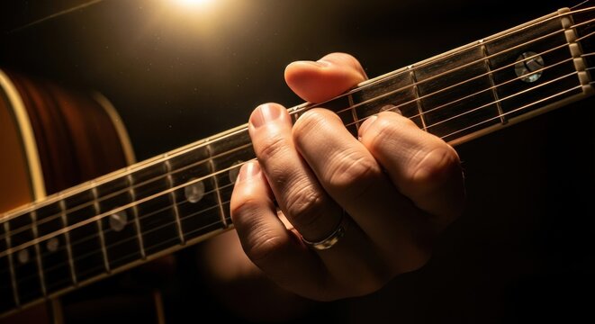 Hand Playing Acoustic Guitar Strings.
