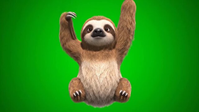 A 3D animated sloth with arms raised on a green screen background is viewed from the front.