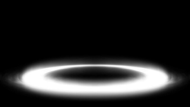 Abstract white glowing light ring on black background, futuristic neon circle floor animation
