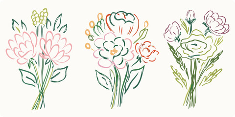 Delicate floral sketches of various blossoming flowers in pastel shades © Sujal