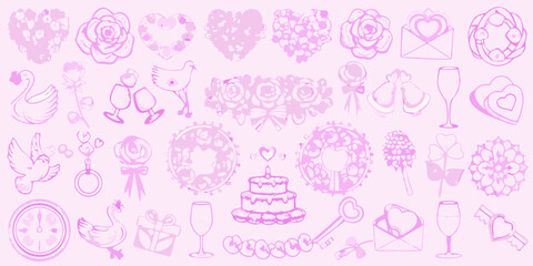 Fototapeta premium A collection of delicate pink sketches depicting romantic and celebratory symbols