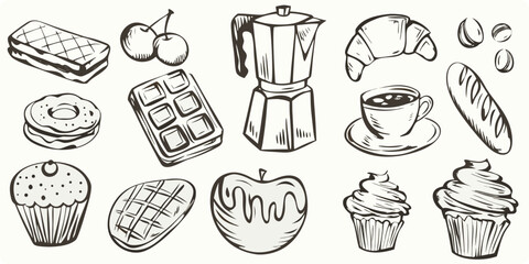 A collection of hand drawn breakfast and sweet treat illustrations