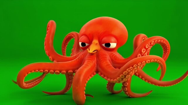 Bright cartoon-style octopus with vivid red and orange tentacles in a green underwater scene.