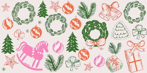 Festive christmas doodles wreaths ornaments rocking horse and holiday elements © Sujal