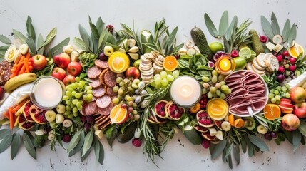 Colorful Fruit and Vegetable Arrangement with Candles for Festive Decor