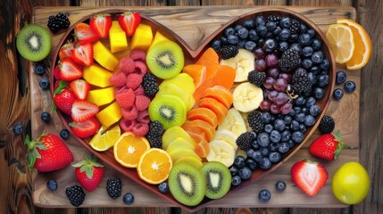 Colorful Fruit Arrangement in Heart-shaped Wooden Serving Tray on Rustic Wooden Table