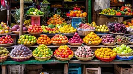 Colorful Fruit Display at Market Stall with Fresh Citrus Berries and Vegetables