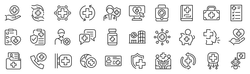 Set of 30 outline icons related to medical cross. Linear icon collection. Editable stroke. Vector illustration