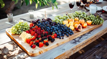Colorful Fruit Platter on Wooden Table with Wine Glasses and Candles in Outdoor Setting