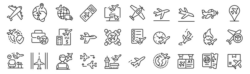 Set of 30 outline icons related to plane. Linear icon collection. Editable stroke. Vector illustration
