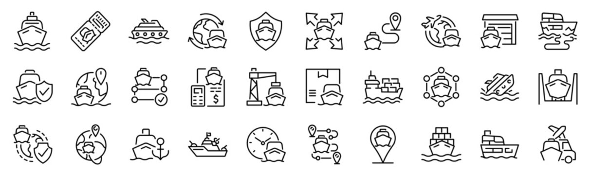Set of 30 outline icons related to ship. Linear icon collection. Editable stroke. Vector illustration