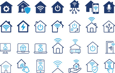 Smart home automation icon set with WiFi security power voice control and IOT devices bundle