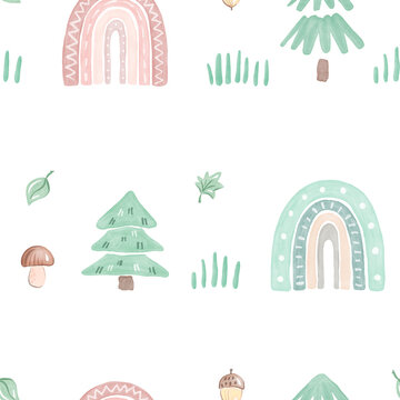 Seamless pattern with rainbows and forest. Watercolor hand drawn