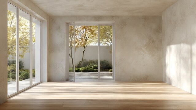 Contemporary interior design of an empty luxury apartment featuring new wooden floors and large glass windows that fill the open space with natural light
