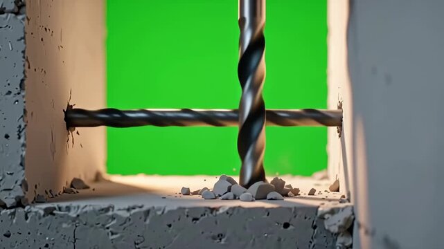 Metal Drill Bit Drilling Into Concrete Block on Green Screen