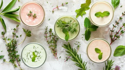 Colorful Herbal Smoothies in Glasses with Fresh Mint and Green Leaves on White Surface