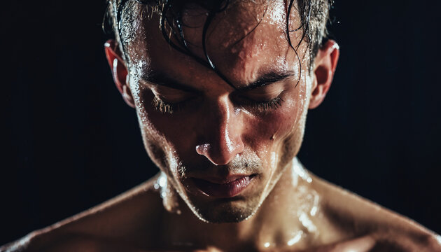 Dramatic close-up portrait of a determined, sweaty man with eyes closed against a dark background, showing intense physical exertion and effort.