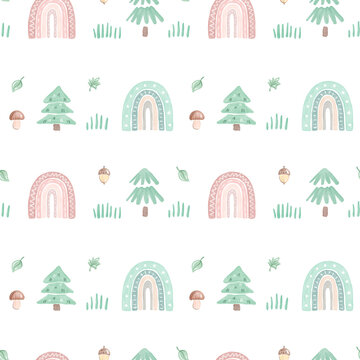 Seamless pattern with rainbows and forest. Watercolor hand drawn