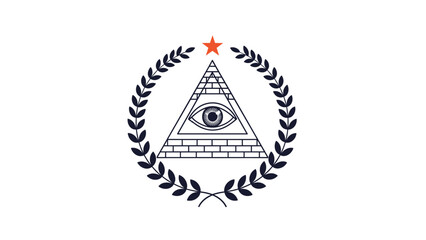 All seeing eye pyramid symbol with a star and laurel wreaths representing knowledge and mystical themes.