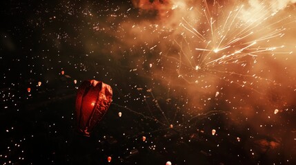 Colorful Hot Air Balloon Launch with Fireworks in Night Sky Celebration Atmosphere