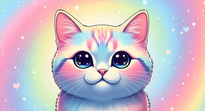 Cute pastel blue kitten with big eyes in colorful bokeh background illustration