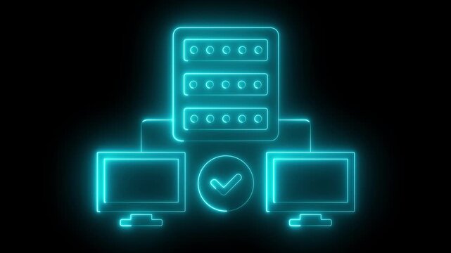 neon Minimalist backup server with connected computer icon. Perfect for technology websites, apps, presentations for proxy server related to backup service database. representing Data center isometric