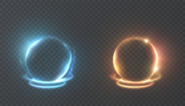 Blue and orange glowing portal rings with soft plasma aura and light streaks, isolated on transparent background. Futuristic circular UI frames for overlays, VFX and game HUD.
