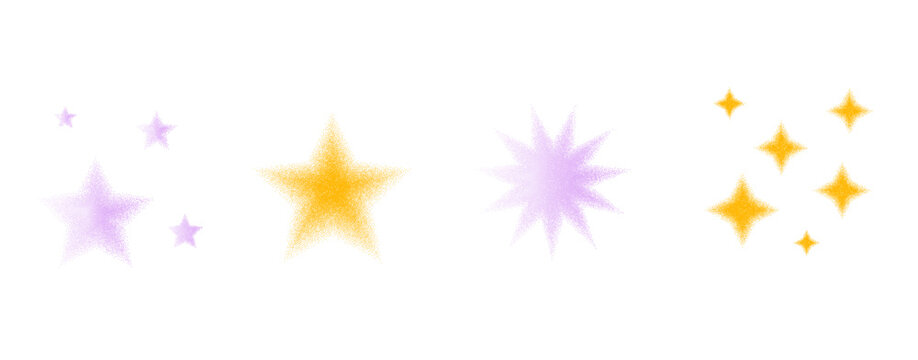 Grain y2k noise purple and yellow gradient stars and stardust. Blinks with stippled texture. Sparkling grainy gradation graphic design with spray-painted aesthetic noise overlay. Vector set isolated.