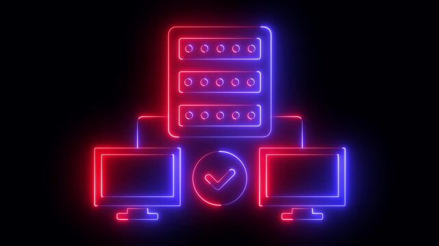 neon Minimalist backup server with connected computer icon. Perfect for technology websites, apps, presentations for proxy server related to backup service database. representing Data center isometric