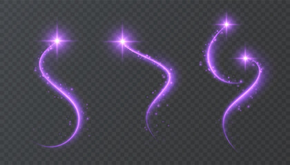 Set of magic purple light trails, glowing fairy dust swirls and sparkling star paths isolated on transparent background. © MAKSYM