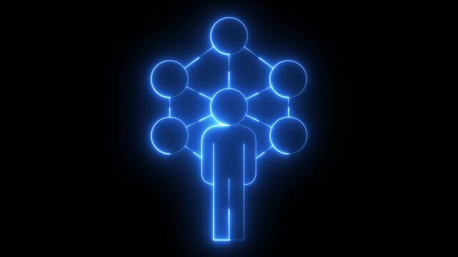 glowing neon share network icon animation on black background. abstract contacts concept. Digital networking concept, digital network, networking and person connection technology icons.