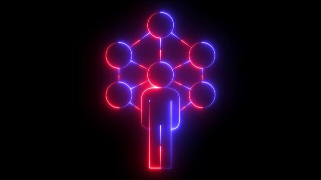 glowing neon share network icon animation on black background. abstract contacts concept. Digital networking concept, digital network, networking and person connection technology icons.