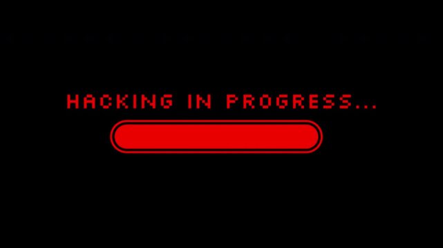 Hacking in progress bar on a black background suitable for cybersecurity concept design, web development, coding tutorials, and technology blogs.