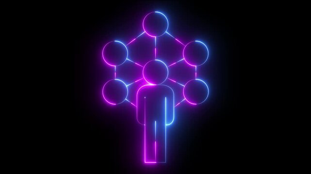 glowing neon share network icon animation on black background. abstract contacts concept. Digital networking concept, digital network, networking and person connection technology icons.