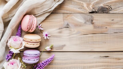 Colorful Macarons with Flowers on Rustic Wooden Surface
