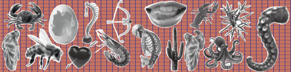 Haftoon Surreal Abstract Collage Illustration with Crabs, Eggs, Flies, Hearts, Shrimps Design