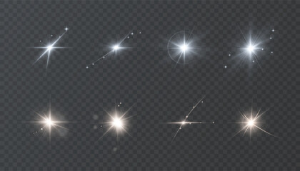 Set of realistic sparkling stars, bright glowing light effects and lens flares isolated on transparent background. © MAKSYM