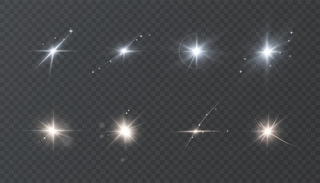 Set of realistic sparkling stars, bright glowing light effects and lens flares isolated on transparent background.