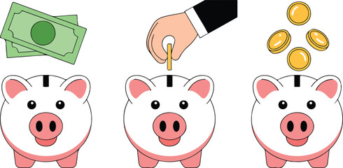 Piggy Bank Savings Outline Set  Money Deposits and Coin Accumulation © Mossadessur Rahman