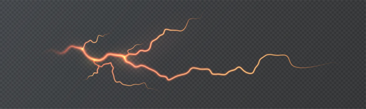 Glowing orange lightning with branching electric arcs, for dark backgrounds. Vector energy strike effect for science fiction, power and magic overlays.