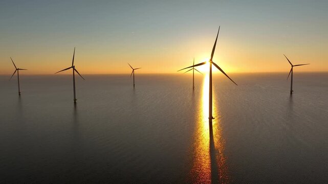 Offshore wind farm in the sea at sunrise or sunset. Aerial view of Windpark with wind turbines, windmills in Netherlands. Power plant, climate change, sustainable resources, green renewable energy. 4K