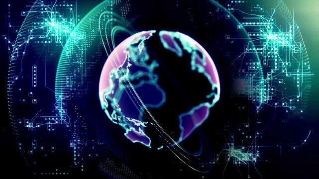 Vibrant digital globe with futuristic circuit patterns and neon lights