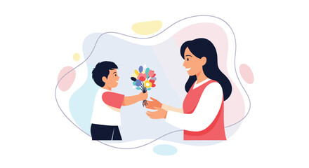 Obraz premium Joyful Illustration Depicting a Son Presenting a Colorful Bouquet of Heart-Shaped Balloons to His Mother Symbolizing Love and Appreciation on Mother's Day with a Festive, Generative AI.