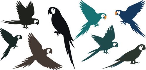 Tropical Parrot Outline Icon Set  Flying, Perching, and Bird Accessories